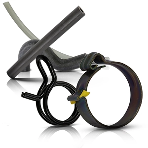 Motorcycle radiator hoses and hose clamps shown side by side in close-up.